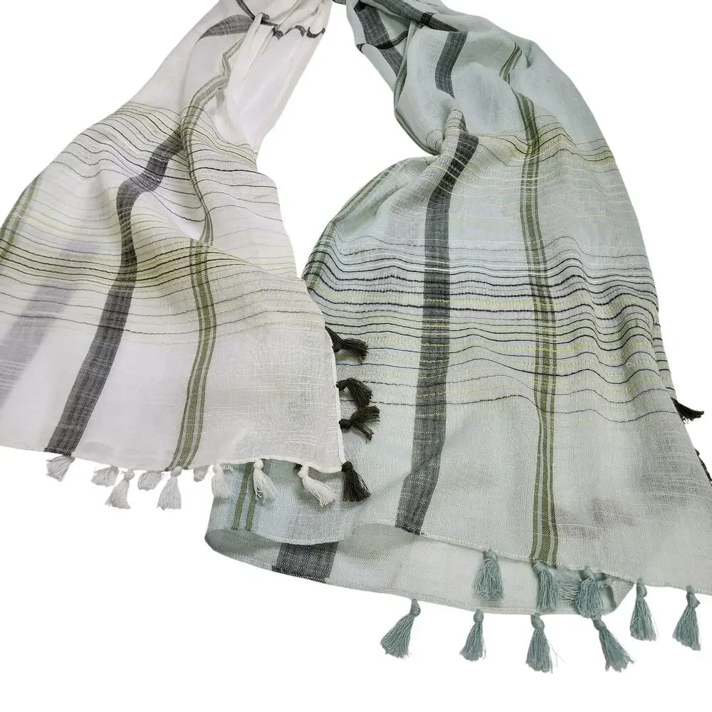J Jill Womens Plaid Scarf One Size‎ Green White Blanket Semi Sheer Tassels Boho